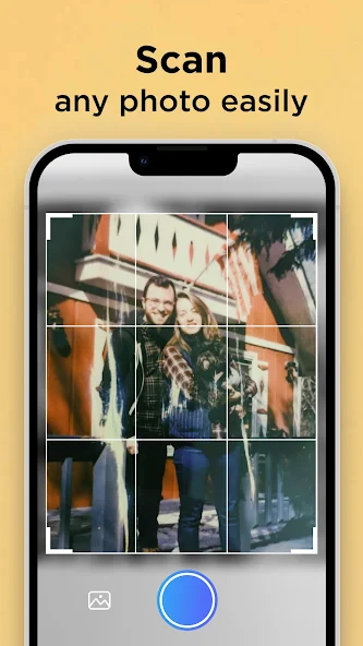 Official Pixelup Google Play screenshot showing the photo scanning workflow