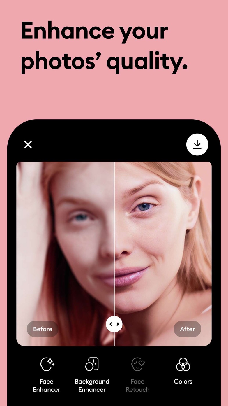Official Remini screenshot showing a portrait enhancement before and after preview